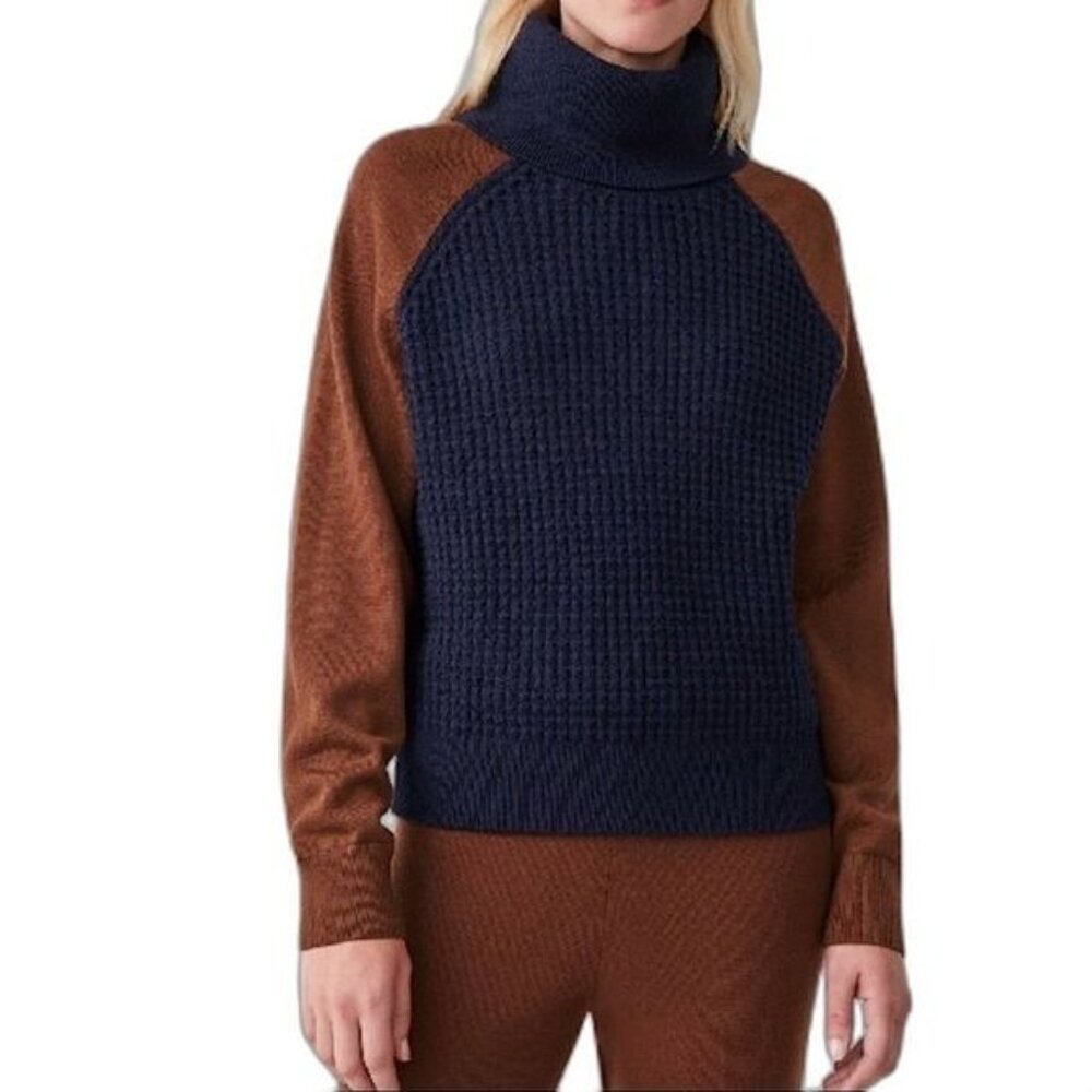 COS Wool Cotton Colorblock Waffle Turtleneck Sweater Navy Blue Rust